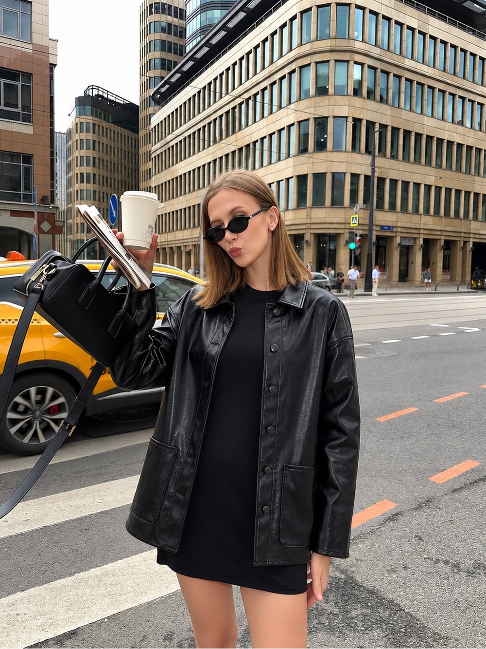 Oversized Black Faux Leather Shirt Jacket Snap Button Minimalist Shacket - Picture 2 of 10